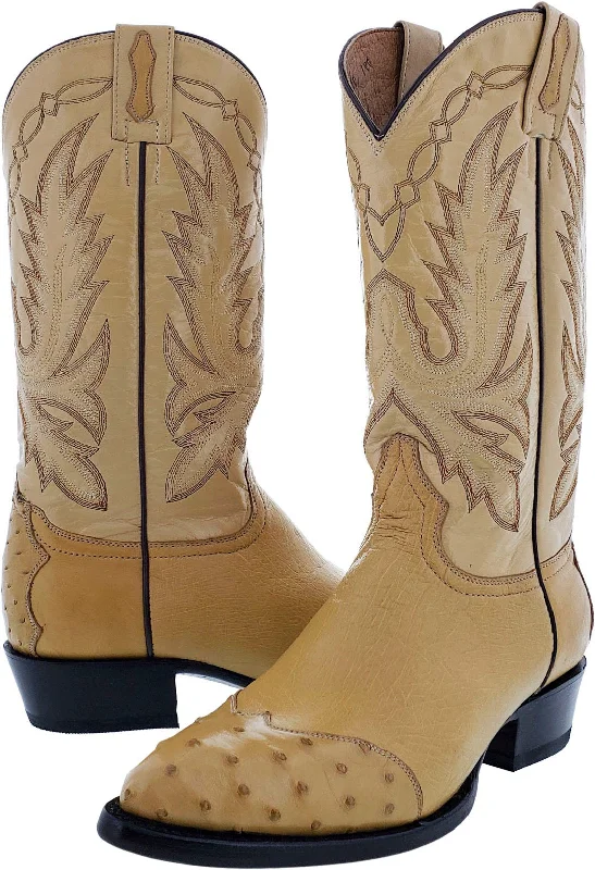 Men's cowboy boots with a rubber sole for tractionMens Sand Ostrich Skin Leather Cowboy Boots - J Toe