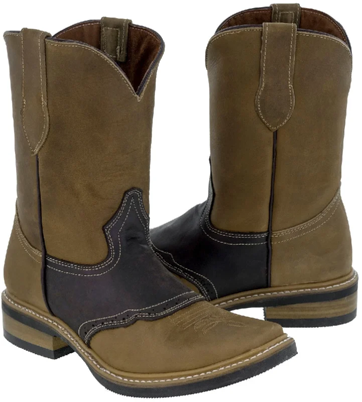 Men's cowboy boots with a heel guardMens Sand & Brown Cowboy Boots Leather Western Square Toe