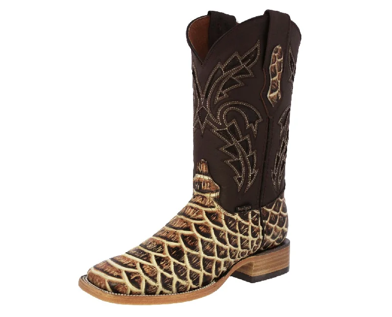 Men's cowboy boots with a concho belt detailMens Sand Cowboy Boots Anaconda Print Leather - Square Toe