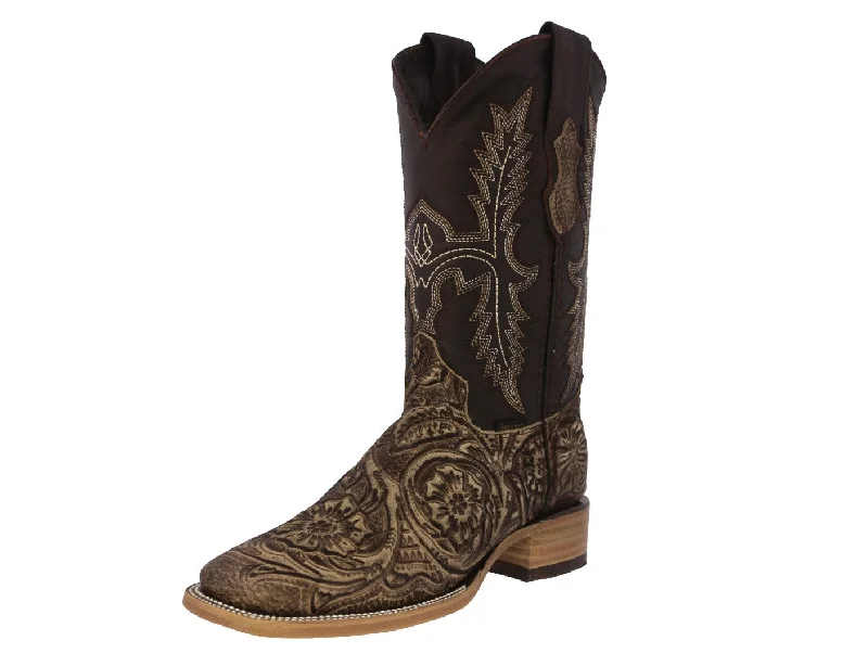 Men's cowboy boots with a suede shaftMens Sand Cowboy Boots Floral Hand Toole Leather - Square Toe