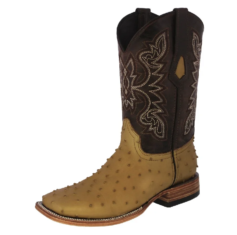 Western - style men's cowboy boots with intricate stitchingMens Sand Cowboy Boots Ostrich Quill Print Leather - Square Toe