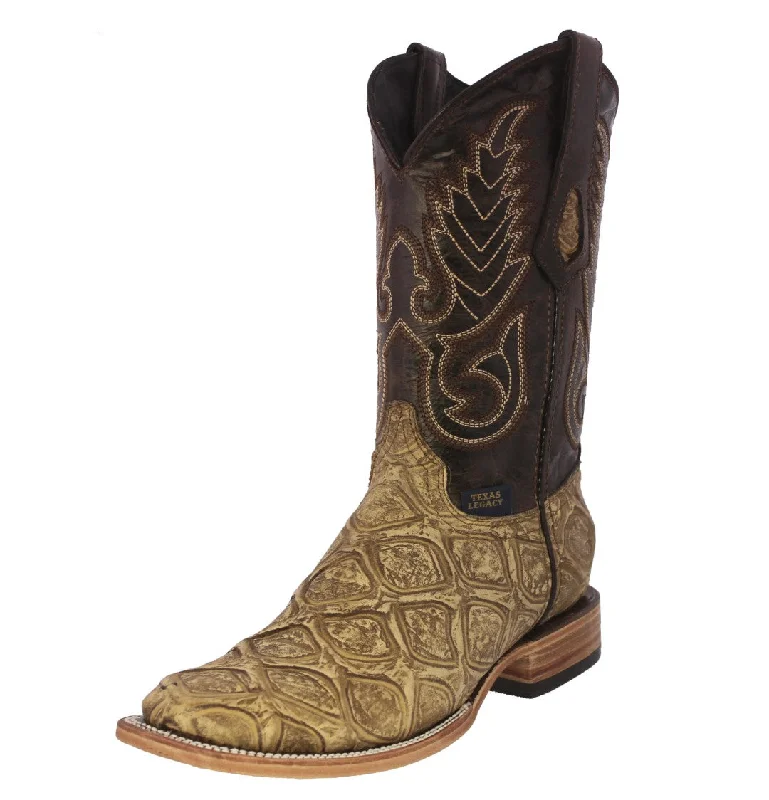 Men's genuine leather cowboy boots with a pointed toeMens Sand Cowboy Boots Pirarucu Fish Print Leather - Square Toe