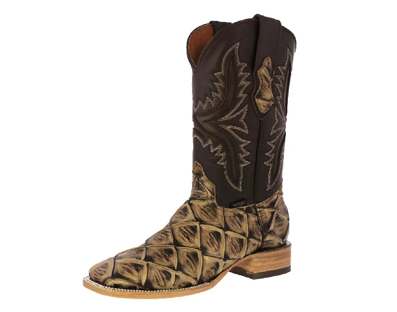 Men's cowboy boots with a distressed leather finishMens Sand Cowboy Boots Pirarucu Fish Print - Square Toe