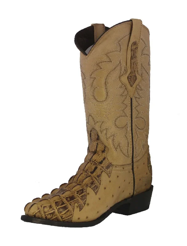 Men's cowboy boots with a pull - on strapMens Sand Crocodile & Ostrich Print Leather Cowboy Boots J Toe