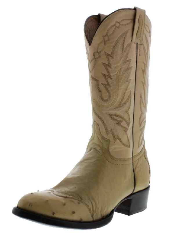 Men's cowboy boots with a snake - skin textureMens Sand Ostrich Skin Leather Cowboy Boots - Round Toe