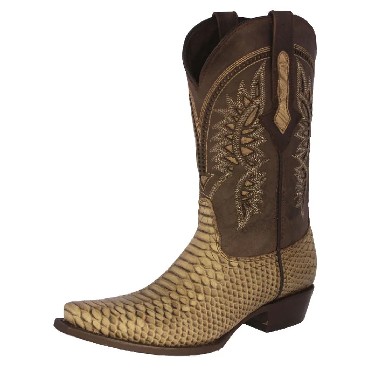 Men's cowboy boots with a tooled leather designMens Sand Snake Print Leather Cowboy Boots - Snip Toe