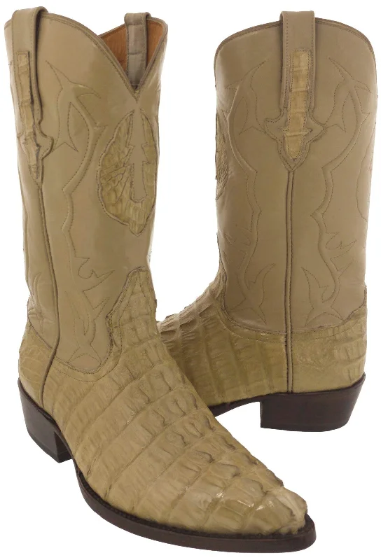 Men's cowboy boots with a distressed leather finishTan Leather Cowboy Boots Real Crocodile Tail Skin J Toe