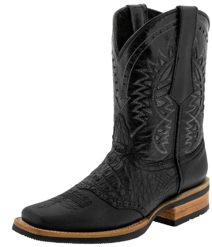 Men's cowboy boots with a leather sole for a classic lookMens Black Western Leather Cowboy Boots Alligator Print - Square Toe