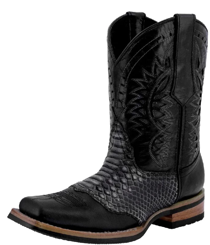 Men's cowboy boots with a distressed leather finishMens Black Western Leather Cowboy Boots Snake Print - Square Toe