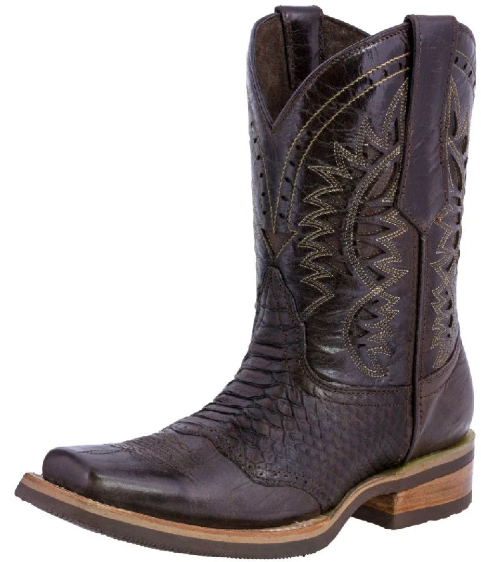 Men's genuine leather cowboy boots with a pointed toeMens Brown Western Leather Cowboy Boots Snake Print - Square Toe