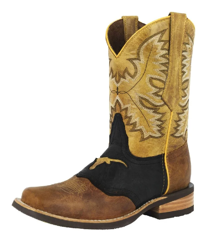 Men's cowboy boots in a dark brown leatherMens Honey Brown Western Leather Cowboy Boots Longhorn - Square Toe