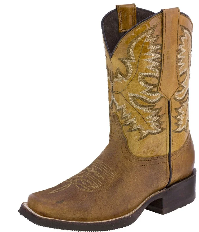 Men's cowboy boots with a silver - toned buckleMens Honey Brown Western Leather Cowboy Boots - Square Toe