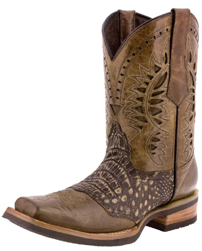 Men's cowboy boots with a rubber sole for tractionMens Sand Western Leather Cowboy Boots Alligator Print - Square Toe