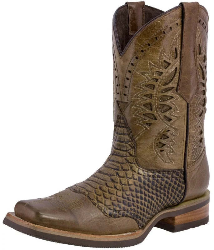 Men's cowboy boots with a tooled leather designMens Sand Western Leather Cowboy Boots Snake Print - Square Toe