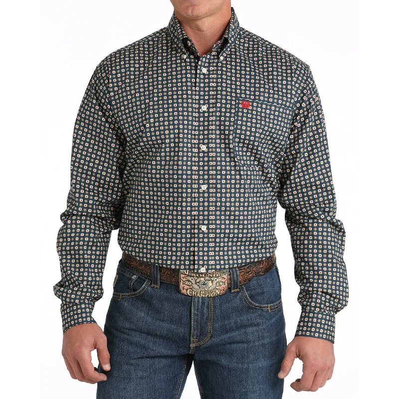 Men's western boots with a suede shaft and a leather soleCinch Men's Navy Long Sleeve Print Shirt