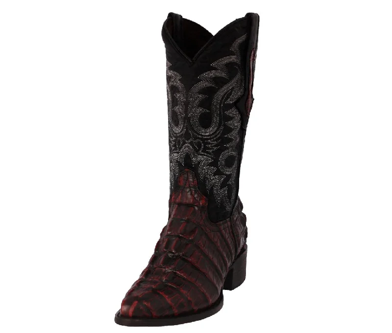 Men's cowboy boots with a suede shaftMens Black Cherry Alligator Tail Print Leather Cowboy Boots J Toe