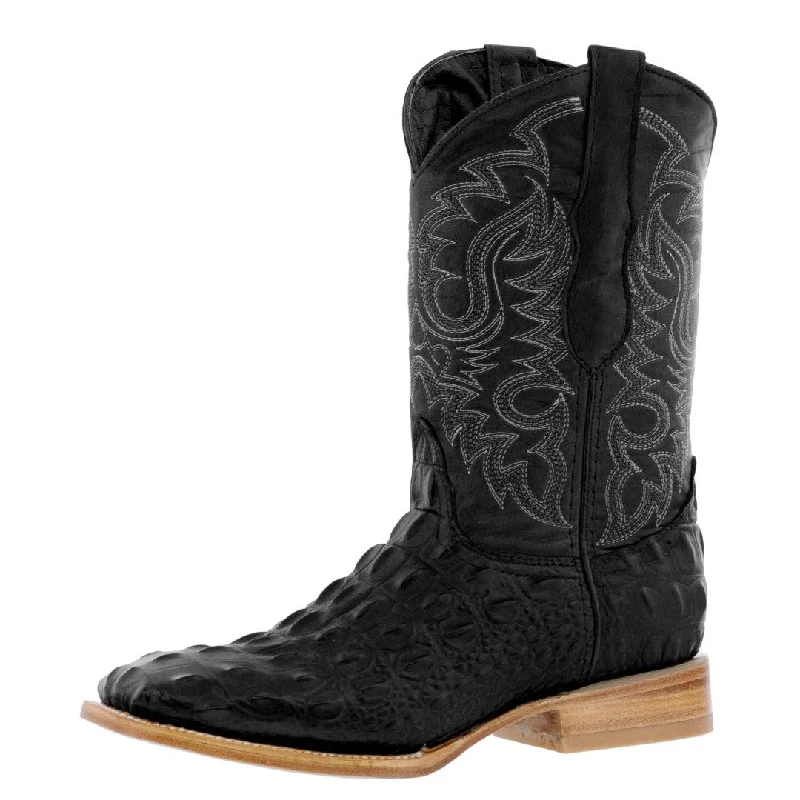 Men's cowboy boots with a decorative inlayMens Black Alligator Back Print Leather Cowboy Boots Square Toe