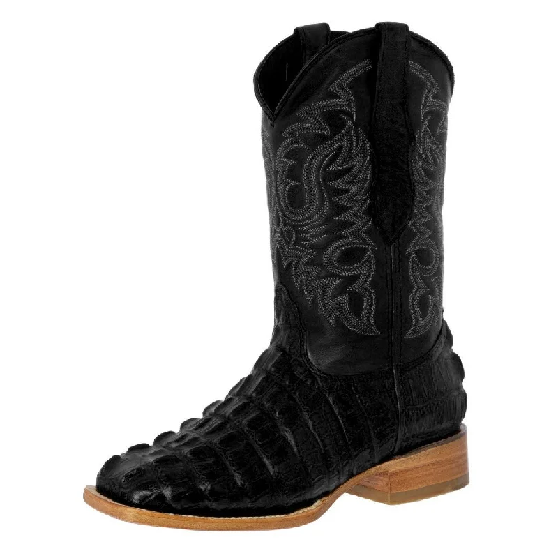 Men's cowboy boots with a suede shaftMens Black Alligator Tail Print Leather Cowboy Boots Square Toe