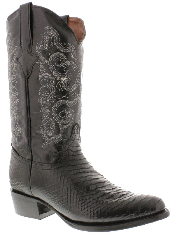 Men's cowboy boots with a distressed leather finishMens Black Snake Python Print Leather Cowboy Boots Round Toe