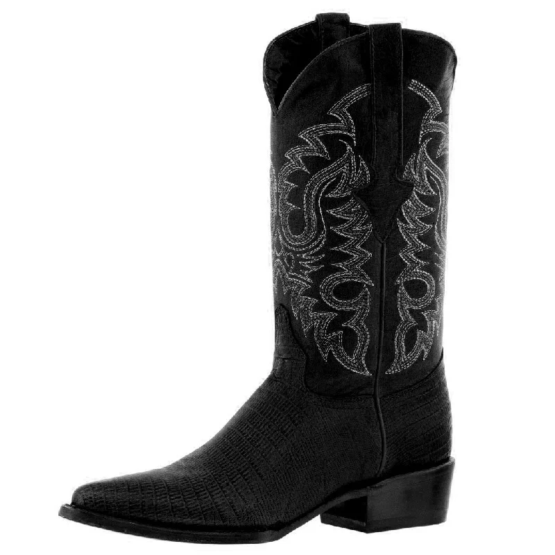 Men's cowboy boots with a silver - toned buckleMens Black Teju Lizard Print Leather Cowboy Boots J Toe