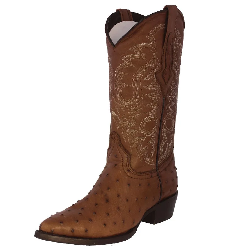 Men's cowboy boots with a decorative inlayMens Brown Ostrich Quill Print Leather Cowboy Boots J Toe