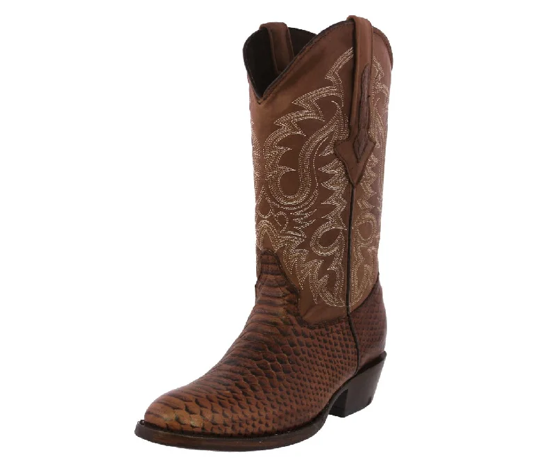 Men's cowboy boots with a rubber sole for tractionMens Brown Snake Python Print Leather Cowboy Boots Round Toe