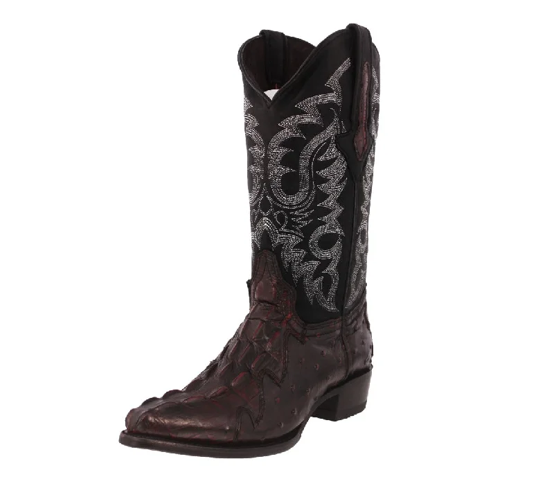 Men's cowboy boots with a rubber sole for tractionMens Black Cherry Crocodile & Ostrich Print Leather Cowboy Boots J Toe