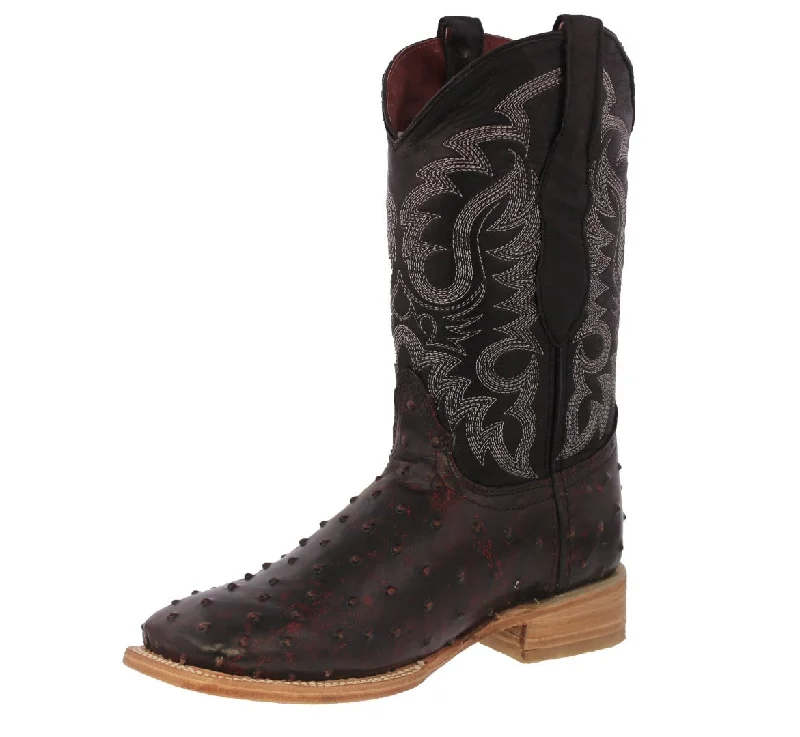 Vintage - style men's cowboy boots with a square toeMens Black Cherry Ostrich Quill Print Leather Cowboy Boots Square Toe