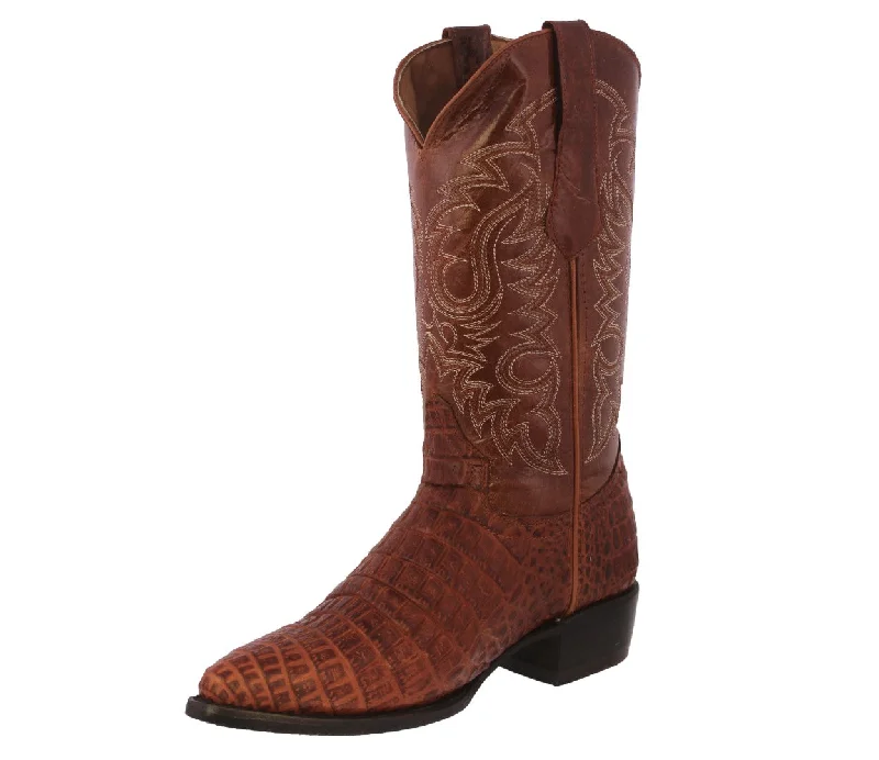 Men's cowboy boots with a distressed leather finishMens Cognac Alligator Belly Print Leather Cowboy Boots J Toe