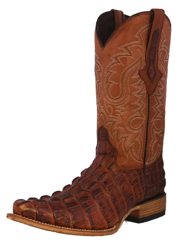 Men's cowboy boots with a tooled leather designMens Cognac Alligator Tail Print Leather Cowboy Boots 3X Toe - #130N