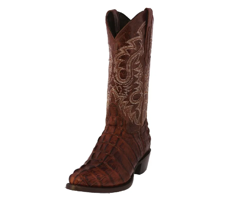 Western - style men's cowboy boots with intricate stitchingMens Cognac Alligator Tail Print Leather Cowboy Boots J Toe