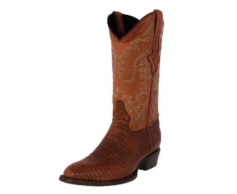 Men's cowboy boots with a rubber sole for tractionMens Cognac Teju Lizard Print Leather Cowboy Boots Round Toe