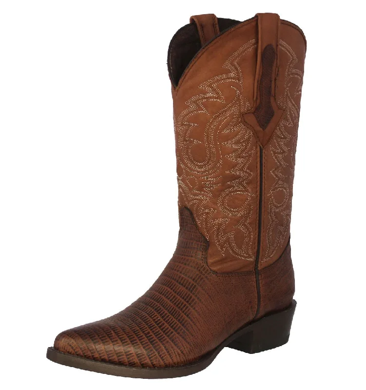 Men's cowboy boots with a suede shaftMens Cognac Teju Lizard Print Leather Cowboy Boots J Toe