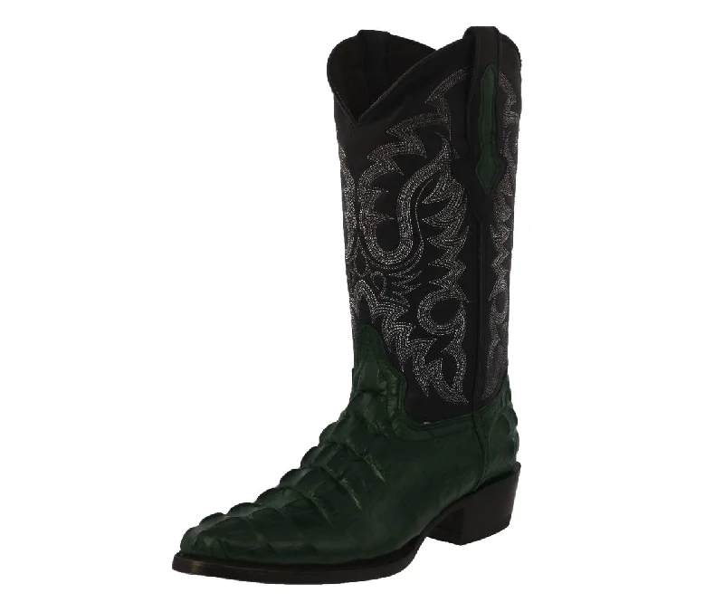 Men's cowboy boots with a silver - toned buckleMens Green Alligator Tail Print Leather Cowboy Boots J Toe