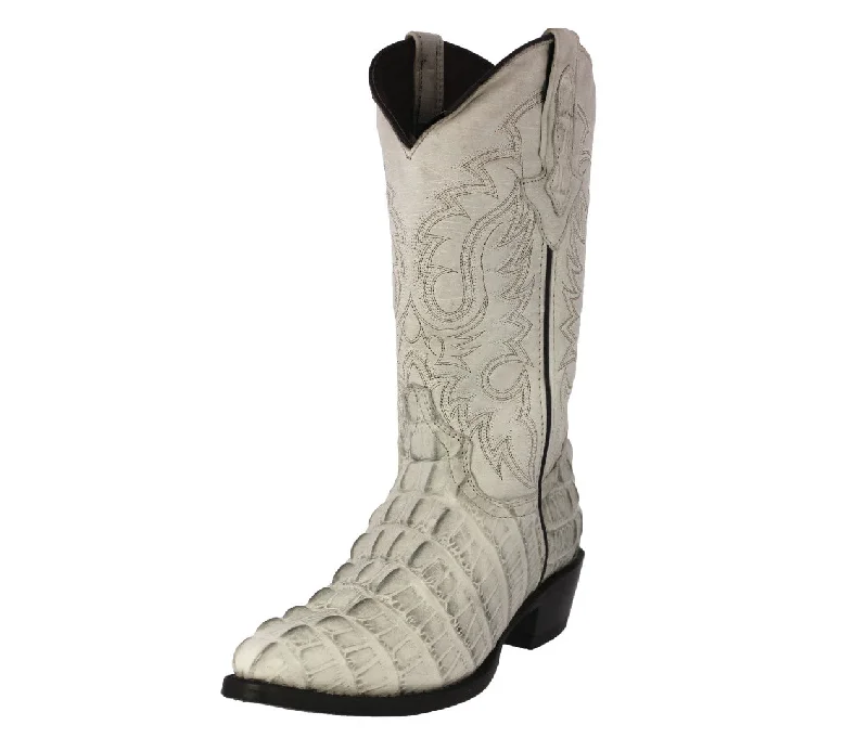 Men's cowboy boots with a high - heeled designMens Off White Alligator Tail Print Leather Cowboy Boots J Toe