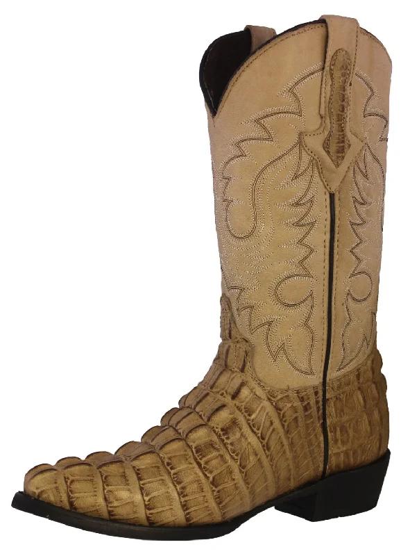 Vintage - style men's cowboy boots with a square toeMens Sand Alligator Tail Print Leather Cowboy Boots J Toe