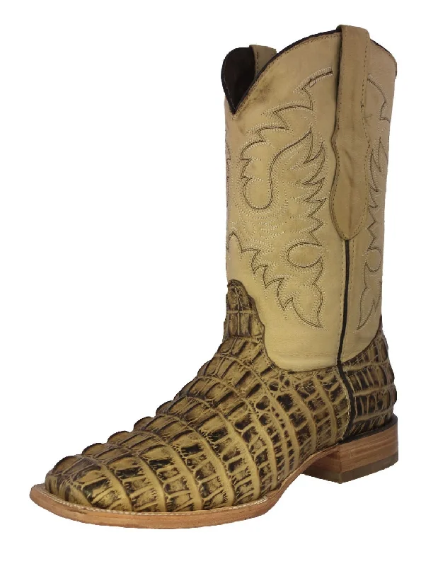 Men's cowboy boots with a silver - toned buckleMens Sand Alligator Tail Print Leather Cowboy Boots Square Toe