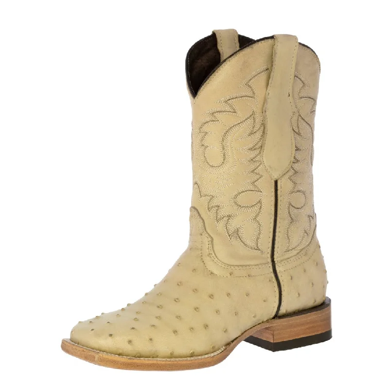 Men's cowboy boots with a distressed leather finishMens Sand Ostrich Quill Print Leather Cowboy Boots Square Toe