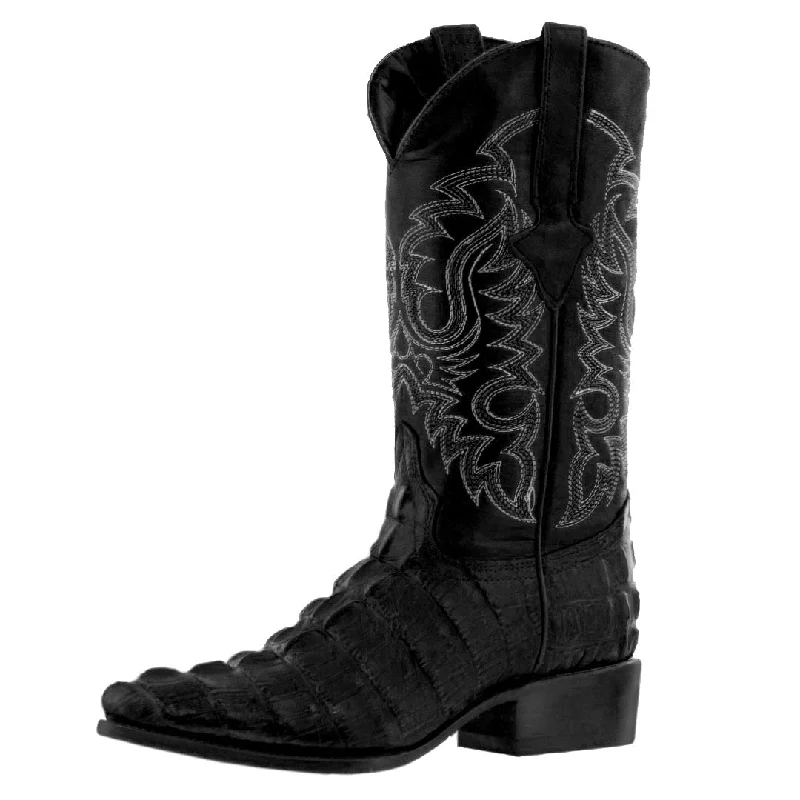 Men's cowboy boots with a spur ledgeMens Black Alligator Tail Print Leather Cowboy Boots J Toe