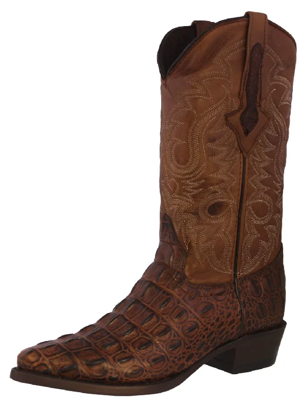 Men's cowboy boots with a concho belt detailMens Brown Alligator Back Print Leather Cowboy Boots J Toe