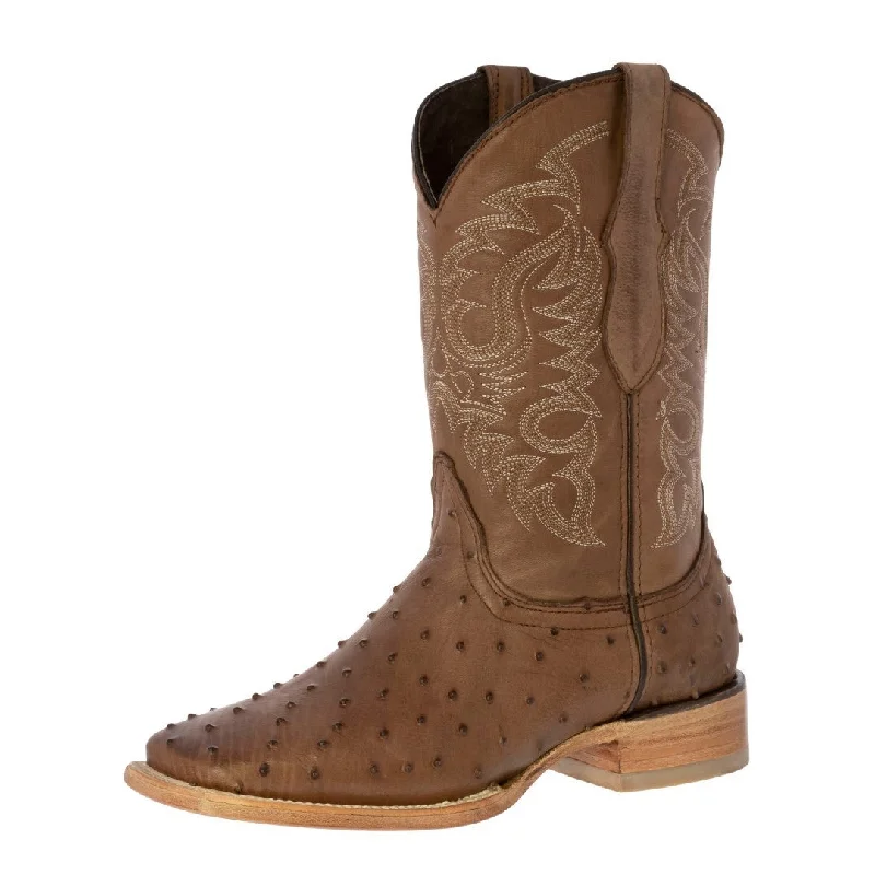 Men's cowboy boots with a snake - skin textureMens Brown Ostrich Quill Print Leather Cowboy Boots Square Toe