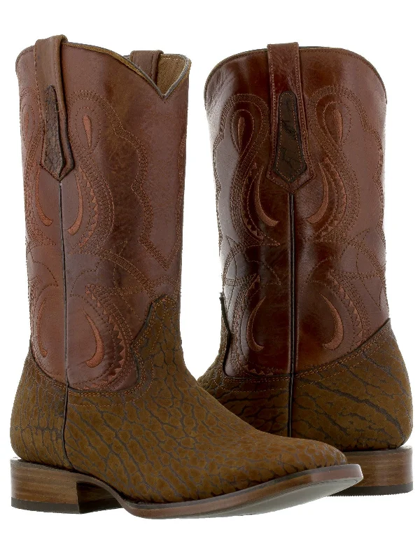 Men's cowboy boots with a spur ledgeMens Cognac Leather Cowboy Boots Buffalo Bull Skin Square Toe