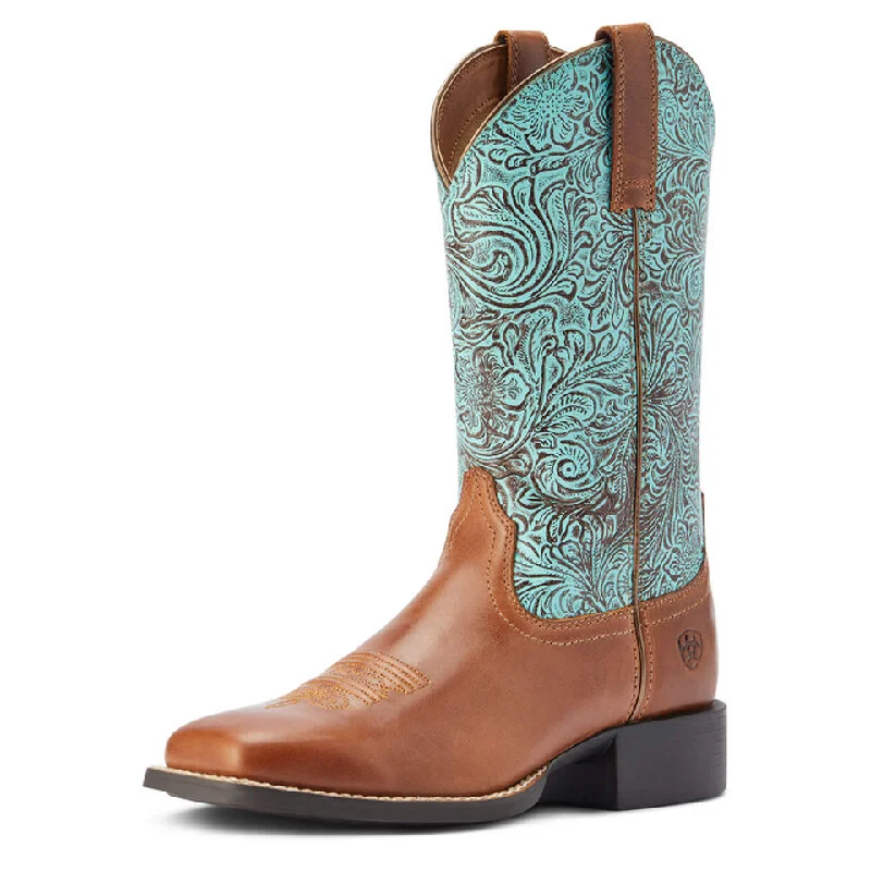 Men's western boots with a decorative concho belt and buckleAriat Round Up West Turquoise Floral Boot