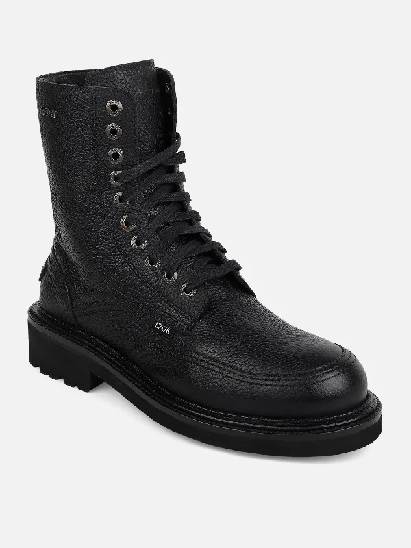 Men's casual shoes with a low - profile designEzok Black Lace-ups Leather Boot For Men