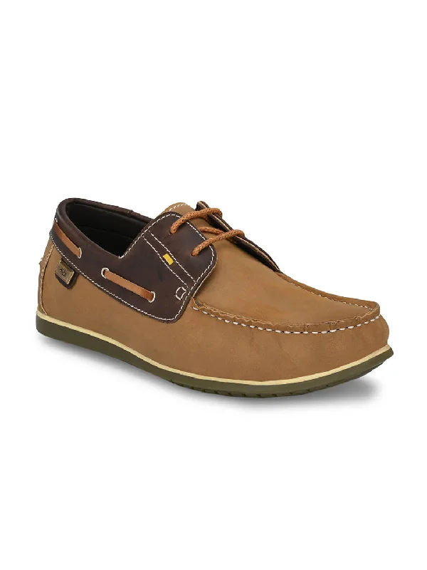 Men's casual shoes with a stretchy side panelHitz Men's Brown Leather Lace-up Boat Shoes