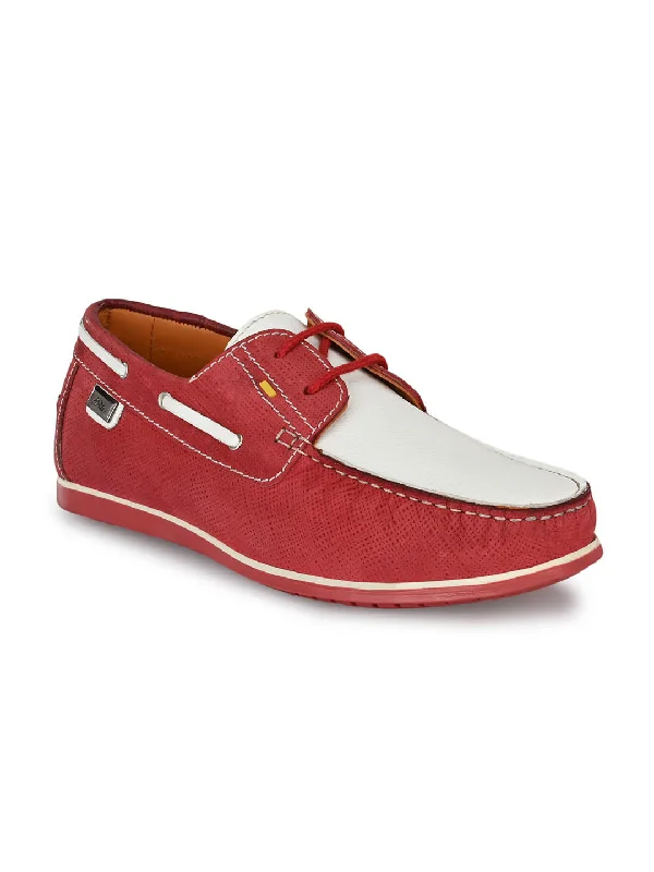 Men's casual shoes with a logo patch on the tongueHitz Men's Red Leather Lace-up Boat Shoes