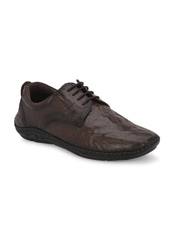 Men's casual shoes with a geometric patternHITZ105 Men's Brown Leather Casual Lace-Up Shoes