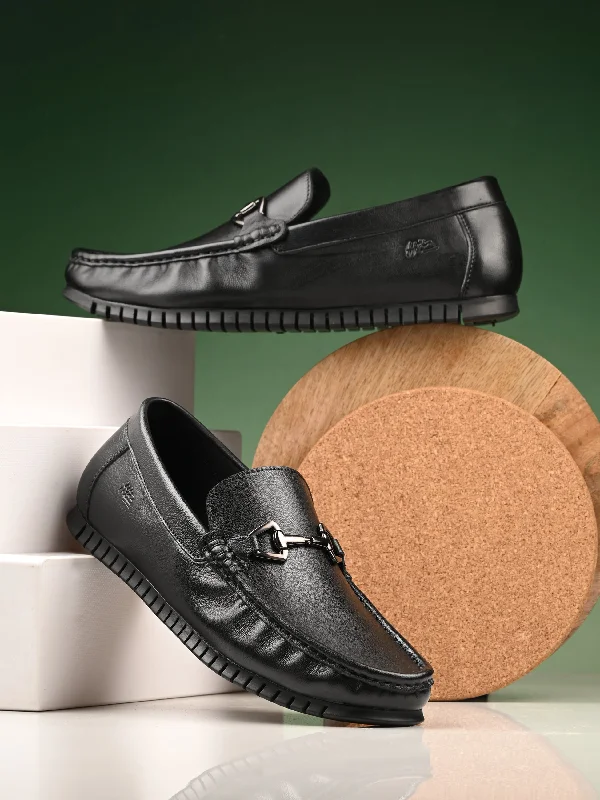 Men's casual shoes with a contrast sole colorHitz Men's Black Leather Slip-On Comfort Loafer Shoes