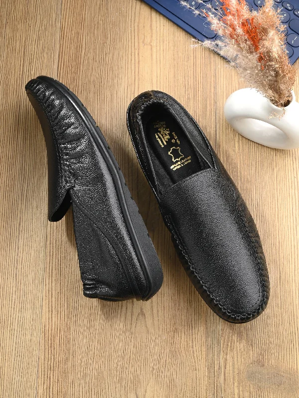 Men's casual shoes with a rubber toe cap for protectionHitz Men's Black Leather Slip-On Comfort Loafer Shoes