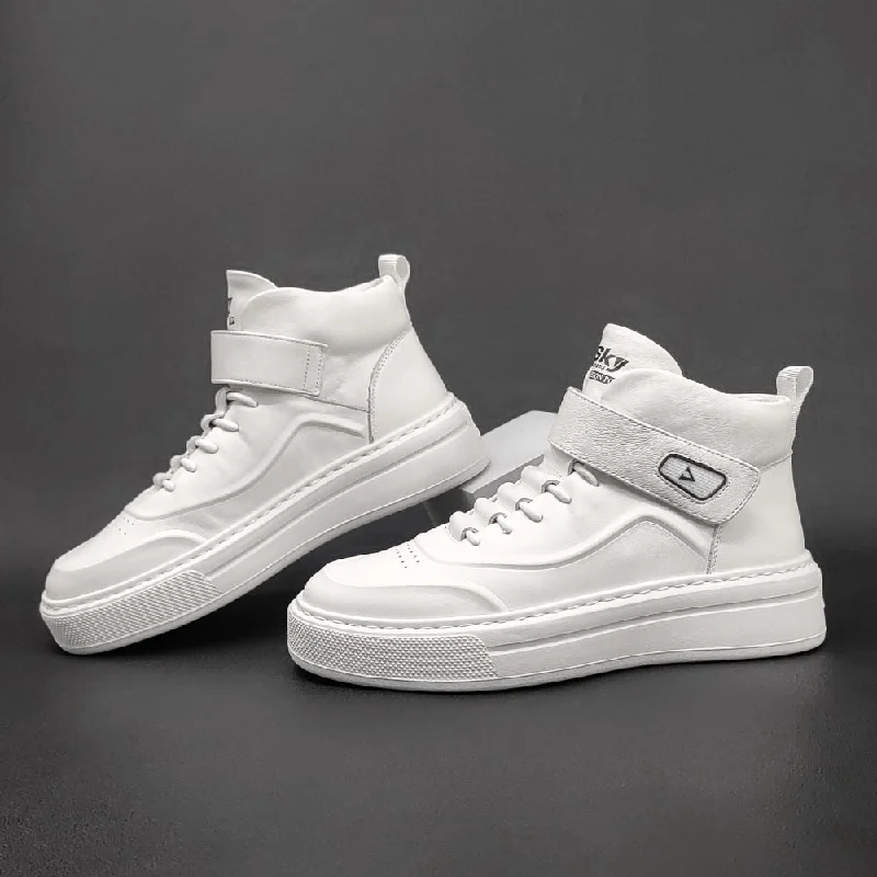 Men's casual shoes with a geometric patternMen Minimalist Pure White High Top Leather Casual Shoes